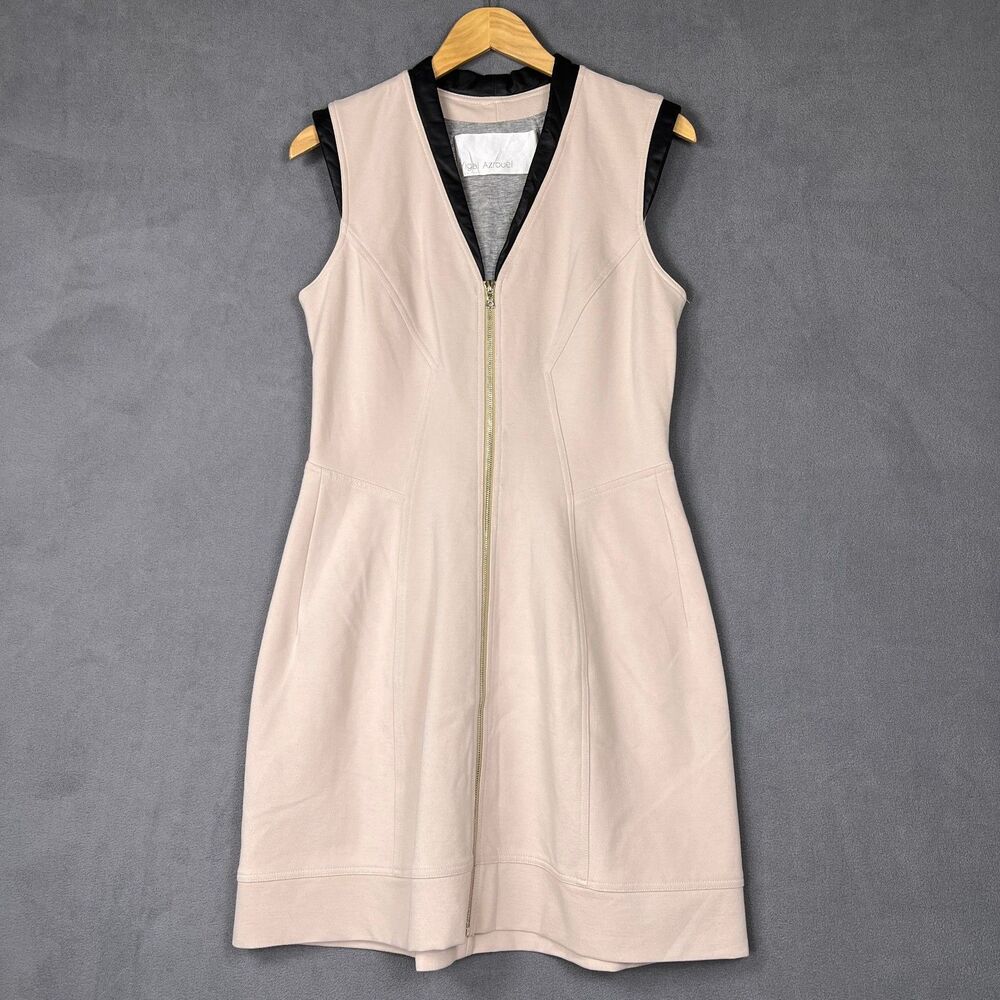 Yigal Azrouel 12 Tan Wool Blend Stretch Lambskin Leather Trim Zip Front Dress